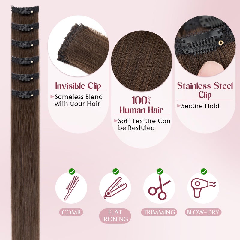 S-noilite 6Pcs Clip in Human Hair Extensions,Remy Single Short Clip in Hair Extensions 6Pcs 6clips Straight Dark Brown Seamless Hairpieces for Women 10Inch 31g - Image 3